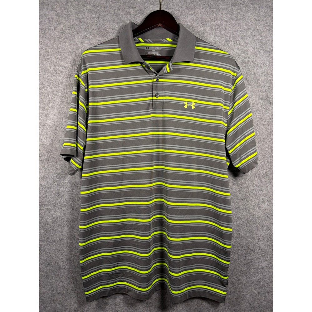 Under Armour Mens XL HeatGear Loose Fit Striped Polo Shirt Grey Lime Green